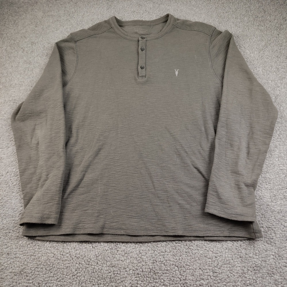 AllSaints Henley Shirt Mens X-Large Regular Fit Olive Green Brown Ramskull
